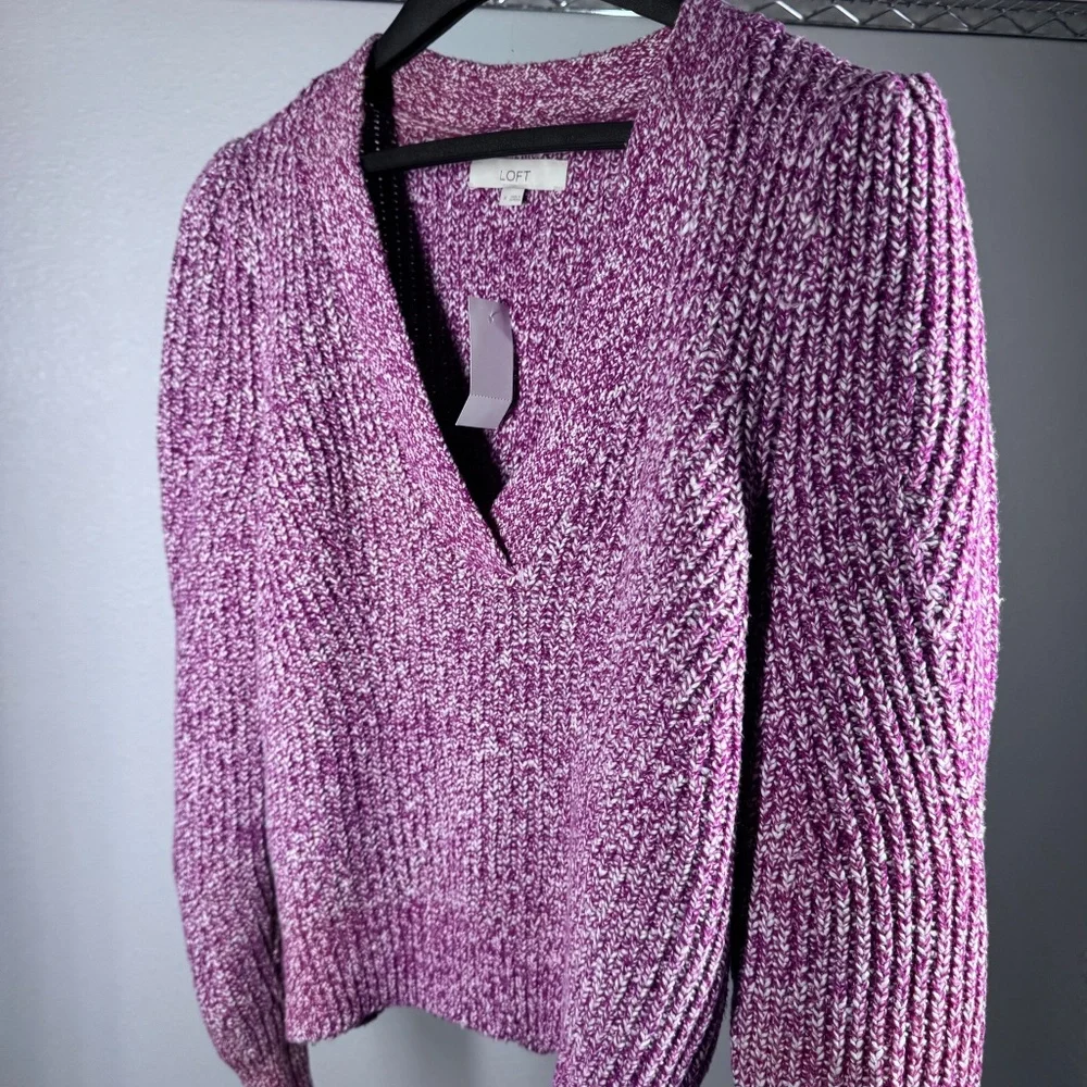 NWT Loft Womens Purple Marled V-Neck Puff Sleeve‎ Knit Sweater Size M 35526223
